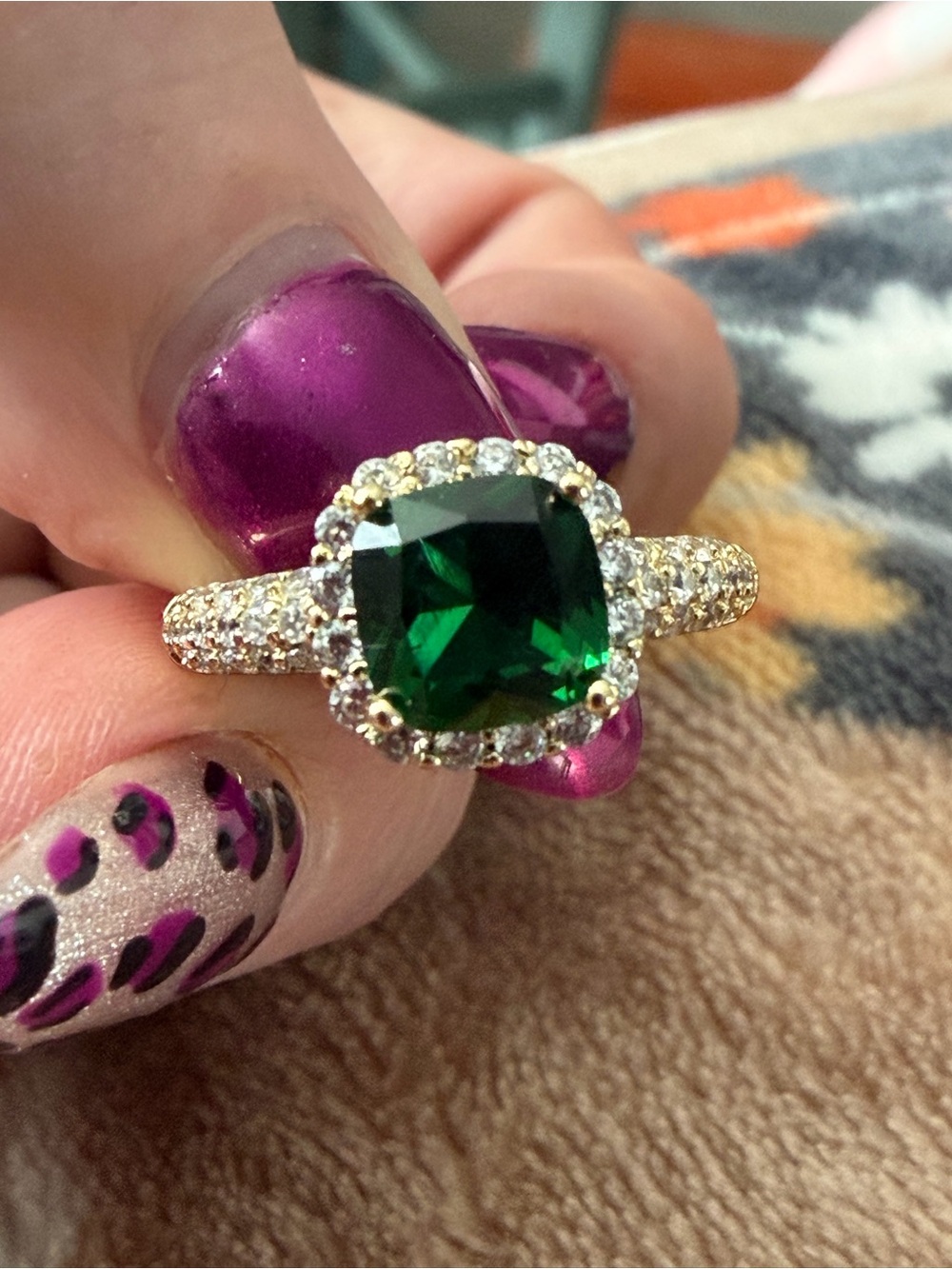 White Gold Filled Emerald Halo Ring - Green Gemstone with Pavé Accents size 6